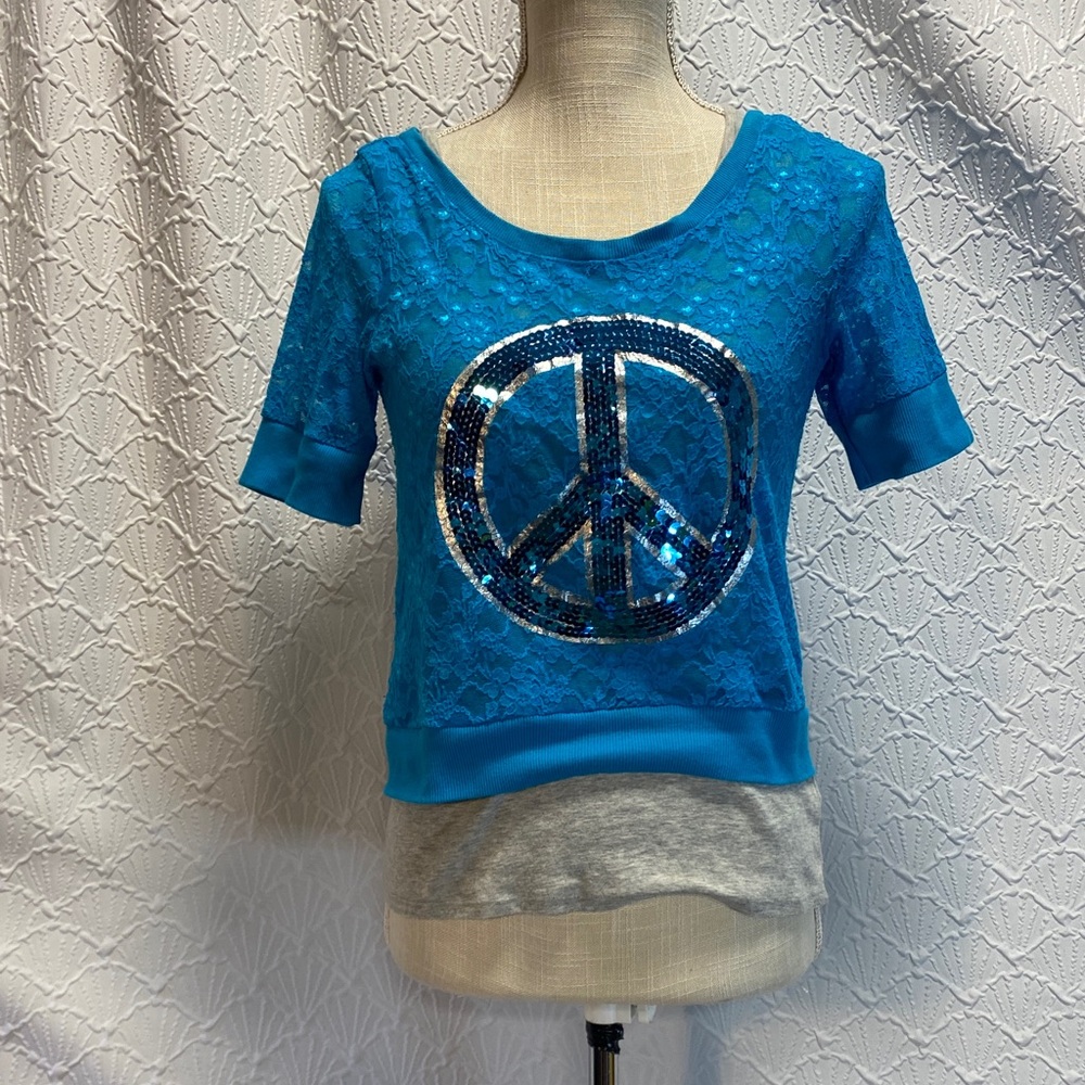 Justice size 16 Teal Lace short sleeve gray built in tank sequin‎ Heart Logo Tee